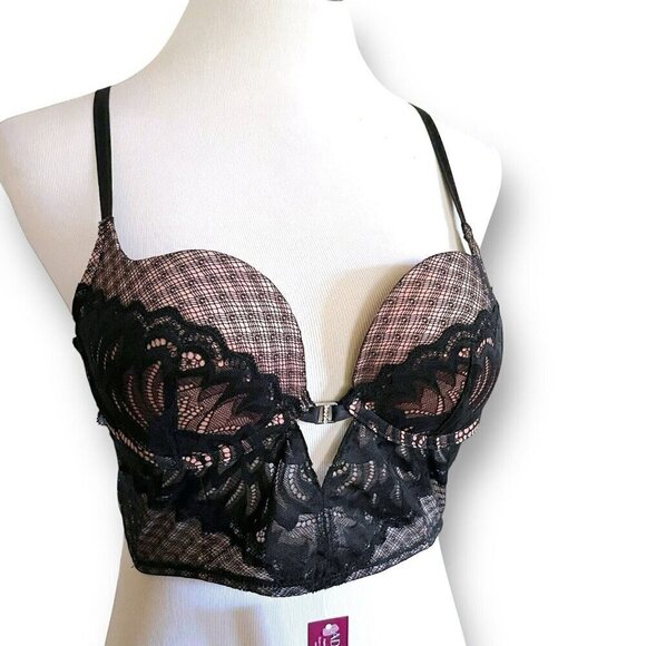 Adore Me 36B Camilla Push Up Bra Black Lace Plunge Underwire Rhinestone Longline - Picture 1 of 8
